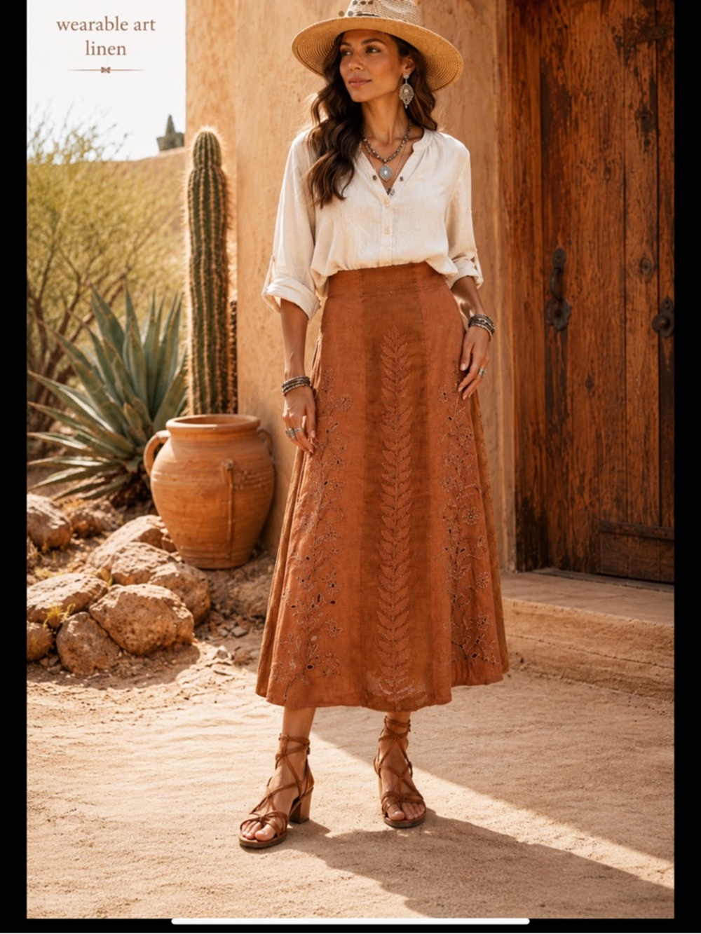 Wearable Art Linen Skirt | Artisan Cutwork Embroidery Lined Boho Southwest Midi